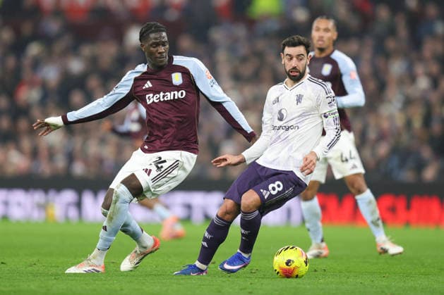 Birmingham, England, 21st December 2025. Bruno Fernandes of Manchester United, ManU and Ezri Konsa of Aston Villa during the Aston Villa vs Manchester United Premier League match at Villa Park, Birmingham. Picture credit should read: James Baylis Sportimage EDITORIAL USE ONLY. No use with unauthorised audio, video, data, fixture lists, club league logos or live services. Online in-match use limited to 120 images, no video emulation. No use in betting, games or single club league player publications. SPI_008_JB_ASTON_VILLA_MANUTD SPI-4388-0008