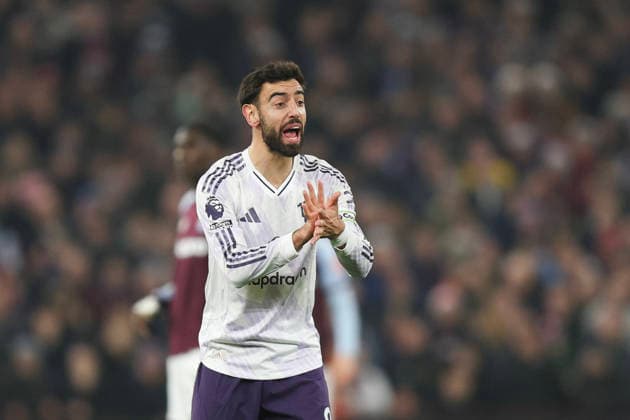 Birmingham, England, 21st December 2025. Bruno Fernandes of Manchester United, ManU reacts during the Aston Villa vs Manchester United Premier League match at Villa Park, Birmingham. Picture credit should read: James Baylis Sportimage EDITORIAL USE ONLY. No use with unauthorised audio, video, data, fixture lists, club league logos or live services. Online in-match use limited to 120 images, no video emulation. No use in betting, games or single club league player publications. SPI_018_JB_ASTON_VILLA_MANUTD SPI-4388-0018