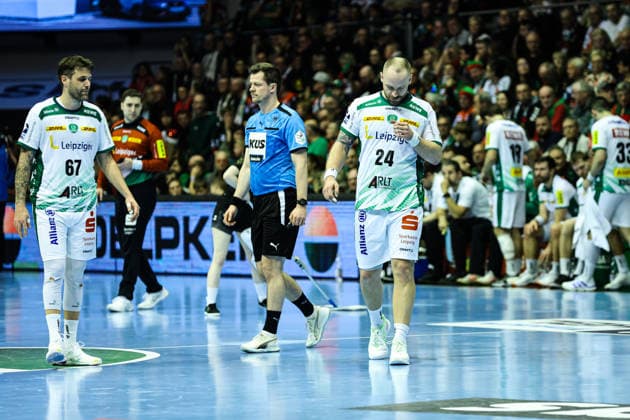 Moritz Preuss (SC DHfK Leipzig,24) und Dean Bombac (SC DHfK Leipzig,67) - Handball Bundesliga Saison 2025-2026 SC Magdeburg vs. SC DHFK Leipzig in der GETEC Arena in Magdeburg - Aktion,Handball,Deutschland,21.12.2025