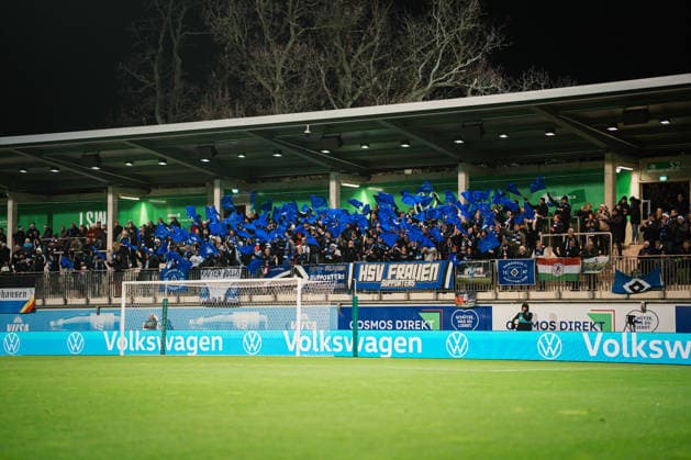 Google Pixel Frauen-Bundesliga: VfL Wolfsburg vs. Hamburger SV, 21.12.2025 HSV Fans mit Choreografie; Fußball, Google Pixel Frauen-Bundesliga, 14. Spieltag: VfL Wolfsburg vs. Hamburger SV am 21.12.2025 im AOK Stadion, Wolfsburg DFB REGULATIONS PROHIBIT ANY USE OF PHOTOGRAPHS AS IMAGE SEQUENCES AND OR QUASI-VIDEO.