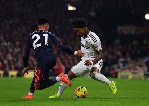 22nd December 2025; Craven Cottage, Fulham, London, England; Premier League Football, Fulham versus Nottingham Forest; Kevin of Fulham closely marked by Omari Hutchinson of Nottingham Forest  JohnxPatrickxFletcher