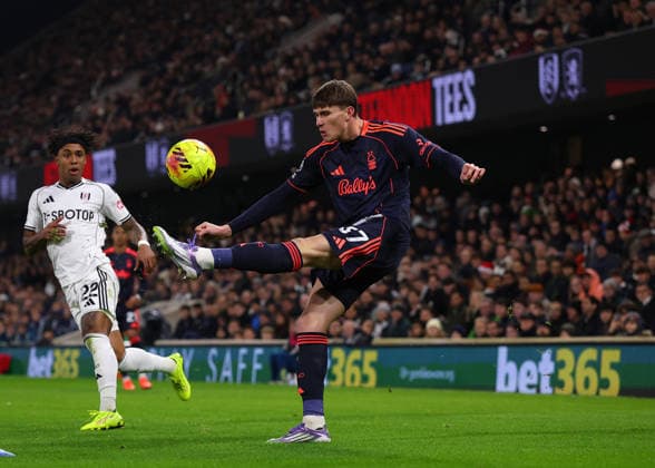22nd December 2025; Craven Cottage, Fulham, London, England; Premier League Football, Fulham versus Nottingham Forest; Nicolo Savona of Nottingham Forest kicking the ball into midfield  JohnxPatrickxFletcher