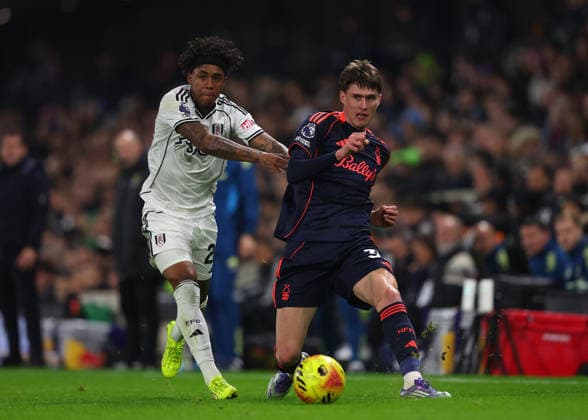 22nd December 2025; Craven Cottage, Fulham, London, England; Premier League Football, Fulham versus Nottingham Forest; Nicolo Savona of Nottingham Forest challenged by Kevin of Fulham  JohnxPatrickxFletcher