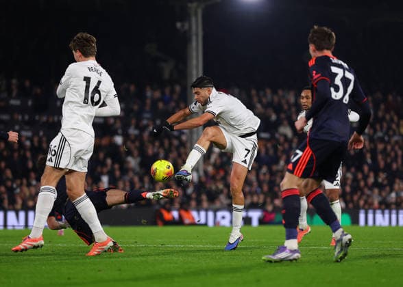 22nd December 2025; Craven Cottage, Fulham, London, England; Premier League Football, Fulham versus Nottingham Forest; Raul Jimenez of Fulham taking a shot  JohnxPatrickxFletcher