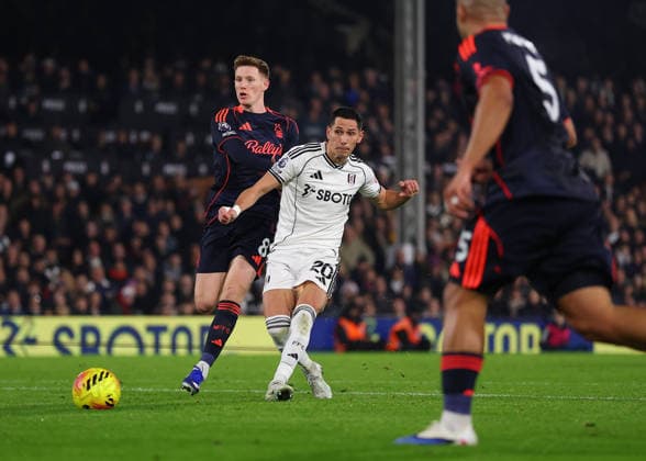 22nd December 2025; Craven Cottage, Fulham, London, England; Premier League Football, Fulham versus Nottingham Forest; Sasa Lukic of Fulham taking a shot  JohnxPatrickxFletcher
