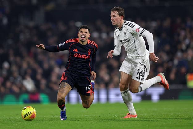 London, England, 22nd December 2025. Sander Berge of Fulham with Morgan Gibbs-White of Nottingham Forest during the Fulham vs Nottingham Forest Premier League match at Craven Cottage, London. Picture credit should read: David Klein Sportimage EDITORIAL USE ONLY. No use with unauthorised audio, video, data, fixture lists, club league logos or live services. Online in-match use limited to 120 images, no video emulation. No use in betting, games or single club league player publications. SPI_DK_068_Fulham_Forest SPI-4392-0068