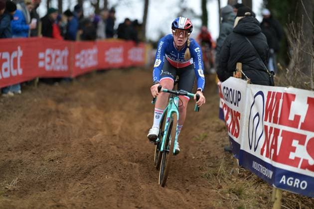 French Amandine Fouquenet pictured in action during the women elite race at the cyclocross cycling event in Heusden-Zolder, stage 5 8 in the Superprestige competition, Tuesday 23 December 2025. DAVIDxPINTENS  x150964517x