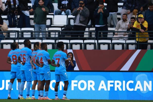 Morocco, Rabat - 23 December 2025 - Theo Bongonda international team goal celebration with Arthur Masuaku, NathanaÃ«l Mbuku of DR Congo during the Africa Cup of Nations 2025 match of group D between DR Congo national team, Nationalteam and Benin national team at Al-Barid Stadium, Rabat, Morocco. AFCON 2025 - Democratic Republic of the Congo vs. Benin Copyright: xSFSIx