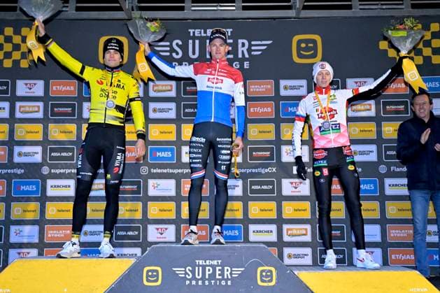 Telenet Superprestige 2025-2026 Heusden-Zolder HEUSDEN-ZOLDER, BELGIUM - DECEMBER 23 : Van Aert Wout (BEL) of Team Visma - Lease A Bike, Del Grosso Tibor (NED) of Alpecin-Deceuninck and Vanthourenhout Michael (BEL) of Pauwels Sauzen - Altez Industriebouw Ct pictured during the podium ceremony of the 5th leg of the Heusden-Zolder Telenet Superprestige 2025-2026 a cyclocross race for Men Elite on December 23, 2025 in Heusden-Zolder, Belgium, 23 12 2025 ( Heusden-Zolder Belgium  Copyright: xSesx