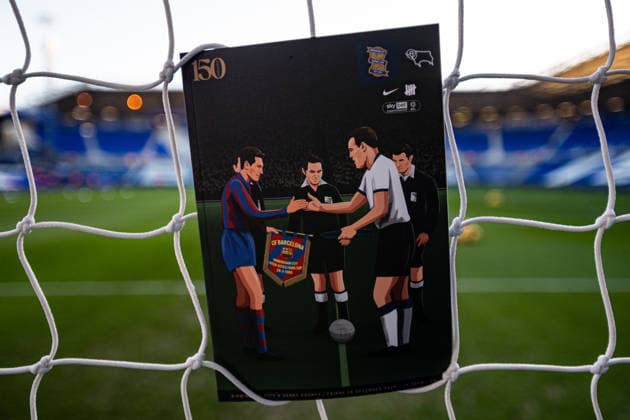 26th December 2025; St Andrews, Birmingham, West Midlands, England; EFL Championship Football, Birmingham City versus Derby County; Today s match programme in the goal net with the pitch and stands in the background  GodfreyxPitt