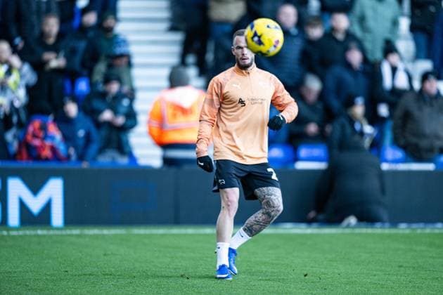 26th December 2025; St Andrews, Birmingham, West Midlands, England; EFL Championship Football, Birmingham City versus Derby County; Joe Ward of Derby County during the pre-match warm-up  GodfreyxPitt