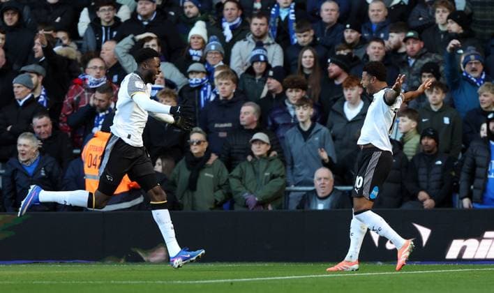 Patrick Agyemang of Derby County celebrates scoring a goal to make the score 0-1 with Rhian Brewster Birmingham City v Derby County, Sky Bet Championship, Football, St. Andrew s at Knighthead Park, Birmingham, UK - 26 Dec 2025Birmingham St. Andrew s at Knighthead Park United Kingdom EDITORIAL USE ONLY No use with unauthorised audio, video, data, fixture lists, club league logos or live services. Online in-match use limited to 120 images, no video emulation. No use in betting, games or single club league player publications.  Copyright: xKieranxMcManus Shutterstockx 16191502z