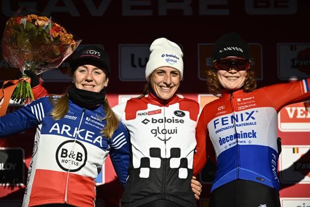 French Amandine Fouquenet, Dutch Lucinda Brand and Dutch Puck Pieterse pictured on the podium after the men s elite race of the World Cup cyclocross cycling event in Gavere on Friday 26 December 2025, stage 7 (out of 12) of the UCI World Cup competition. JASPERxJACOBS  x151554226x
