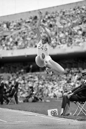 Mexico City, Mexico. Soviet athlete Tatyana Talyshova, who won third place in the long jump with a result of 6 meters 66 centimeters, jumps during the competition at the XIX Summer Olympic Games, Olympische Spiele, Olympia, OS at the Olimpico Universitario stadium. Viktor Shandrin TASS  32395178