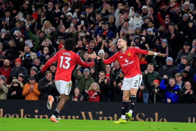 Manchester United, ManU v Newcastle United, Premier League Patrick Dorgu (13) of Manchester United celebrates scoring to make it 1-0 during the Premier League match between Manchester United and Newcastle United at Old Trafford, Manchester, UK on 26 December 2025. Manchester Old Trafford Greater Manchester UK Editorial use only DataCo restrictions apply See www.football-dataco.com , Copyright: xConorxMolloyx PSI-23465-0029