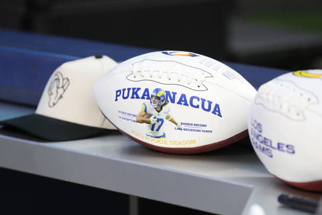 INGLEWOOD, CA - NOVEMBER 23: Los Angeles Rams wide receiver Puka Nacua (12) rookie season ball during the Tampa Bay Buccaneers vs Los Angeles Rams game on November 23, 2025, at SoFi Stadium in Inglewood, CA. (Photo by Jevone Moore Icon Sportswire) NFL, American Football Herren, USA NOV 23 Buccaneers at Rams EDITORIAL USE ONLY Icon20251123037