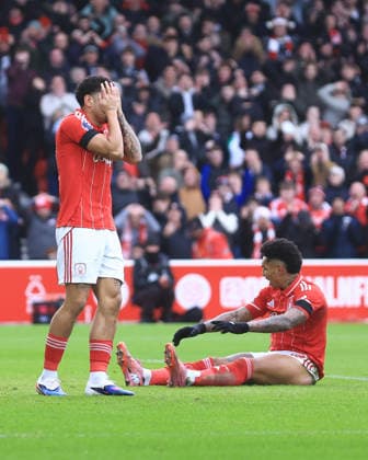 Nottingham, England, 27th December 2025. Morgan Gibbs White of Nottingham Forest (l) reacts to missing an early chance during the Nottingham Forest vs Manchester City Premier League match at the City Ground, Nottingham. Picture credit should read: Jessica Hornby Sportimage EDITORIAL USE ONLY. No use with unauthorised audio, video, data, fixture lists, club league logos or live services. Online in-match use limited to 120 images, no video emulation. No use in betting, games or single club league player publications. SPI_028_JH_Forest_ManC SPI-4395-0029
