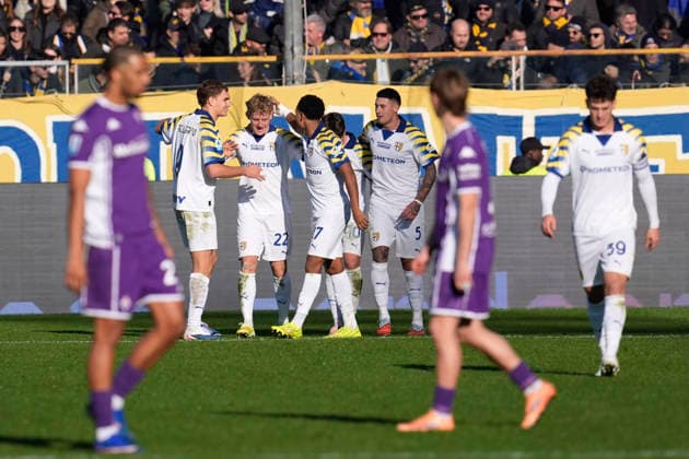 Oliver Sorensen (Parma Calcio) celebrates after scoring his team s first goal with team mates, Serie A, Parma Calcio 1913 v ACF Fiorentina, Ennio Tardini Stadium, December 27, 2025, Parma, Italy.