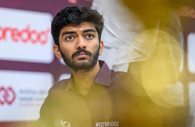 FIDE World Rapid & Blitz Championships 2025 DAY 2 Gukesh Dommaraju of india reacts against Anish Kumar Giri of Netherlands during the Rapid Open sixth round of the FIDE World Rapid & Blitz Championship at the Sports and Events Complex, Qatar University, in Doha, Qatar, on December 27, 2025 DOHA Qatar Copyright: xNOUSHADxTHEKKAYILx