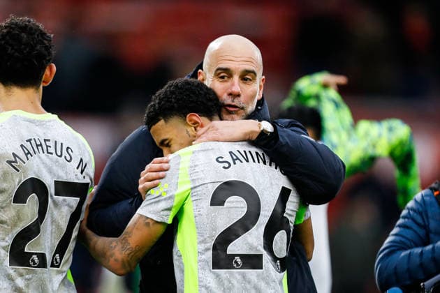 Nottingham Forest v Manchester City Premier League Manchester City manager Josep Guardiola hugs Savinho of Manchester City after the Premier League match at the City Ground, Nottingham 27 12 2025 UK Newspapers OUT Copyright: xMaxxTomlinsonx FIL-22704-0079