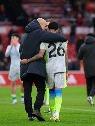 Manchester City head coach Pep Guardiola with Savinho of Manchester City at full time during the Premier league football match between Nottingham Forest and Manchester City at City Ground in Nottingham. Copyright: xPaulxBonser SportsxPressxPhotox Sportspressphoto_SPR77137