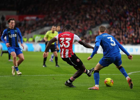 27th December 2025; Gtech Community Stadium, Brentford, London, England; Premier League Football, Brentford versus Bournemouth; Michael Kayode of Brentford shoots on goal  JohnxPatrickxFletcher