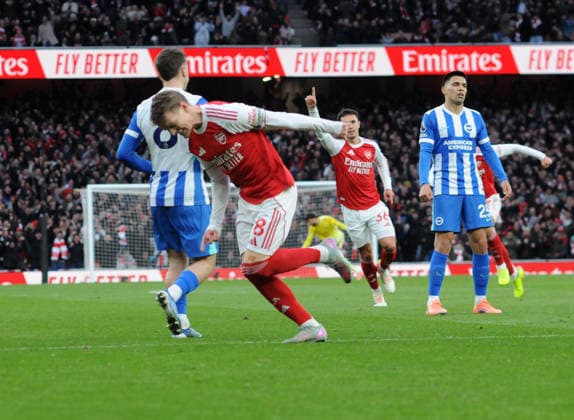Football - 2025 2026 Premier League - Arsenal vs Brighton & Hove Albion - Emirates Stadium - Saturday 27th December 2025 Martin Odegaard of Arsenal celebrates scoring his first half goal 