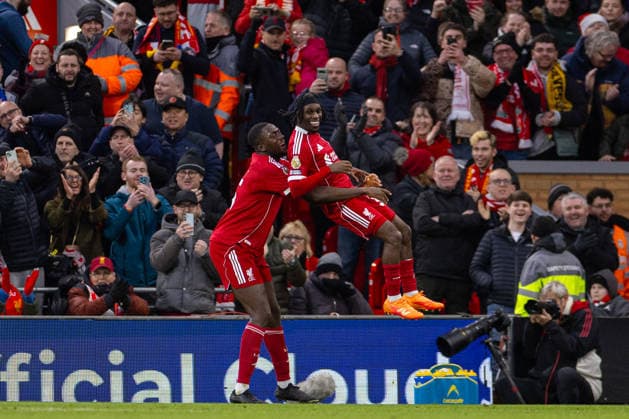 Football - FA Premier League - Liverpool FC v Wolverhampton Wanderers FC LIVERPOOL, ENGLAND - Saturday, December 27, 2025: Liverpool s Ibrahima KonatÃ (L)celebrates with Jeremie Frimpong who assisted the first goal during the FA Premier League match between Liverpool FC and Wolverhampton Wanderers FC at Anfield. (Photo by David Rawcliffe Propaganda) LIVERPOOL Anfield MERSEYSIDE ENGLAND  Copyright: xDavidxRawcliffex P2025-12-27-Liverpool_Wolves-42