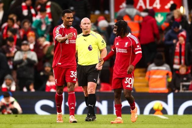 Ryan Gravenberch of Liverpool scores his sides first goal of the match and celebrates with Jeremie Frimpong of Liverpool Liverpool v Wolverhampton Wanderers, Premier League, Football, Anfield, Liverpool, UK - 27 Dec 2025Liverpool Anfield United Kingdom EDITORIAL USE ONLY No use with unauthorised audio, video, data, fixture lists, club league logos or live services. Online in-match use limited to 120 images, no video emulation. No use in betting, games or single club league player publications.  Copyright: xMarkxKerton Shutterstockx 16213163at