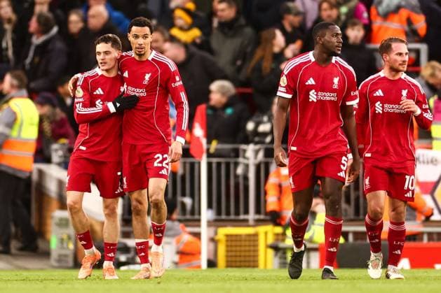 Florian Wirtz of Liverpool scores his sides second goal of the match and celebrates with team mates Liverpool v Wolverhampton Wanderers, Premier League, Football, Anfield, Liverpool, UK - 27 Dec 2025Liverpool Anfield United Kingdom EDITORIAL USE ONLY No use with unauthorised audio, video, data, fixture lists, club league logos or live services. Online in-match use limited to 120 images, no video emulation. No use in betting, games or single club league player publications.  Copyright: xMarkxKerton Shutterstockx 16213163bh