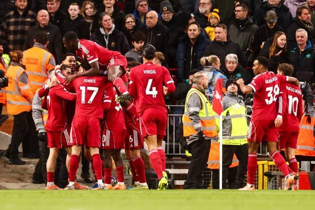 Florian Wirtz of Liverpool scores his sides second goal of the match and celebrates with team mates Liverpool v Wolverhampton Wanderers, Premier League, Football, Anfield, Liverpool, UK - 27 Dec 2025Liverpool Anfield United Kingdom EDITORIAL USE ONLY No use with unauthorised audio, video, data, fixture lists, club league logos or live services. Online in-match use limited to 120 images, no video emulation. No use in betting, games or single club league player publications.  Copyright: xMarkxKerton Shutterstockx 16213163bf