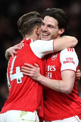 Arsenal v Brighton & Hove Albion 27 December 2025 London - Premier League Football - Arsenal v Brighton & Hove Albion - Declan Rice of Arsenal celebrates after his corner kick was headed by Georginio Rutter of Brighton & Hove Albion into his own goal - (Photo by Mark Leech). London UK Copyright: xMarkxLeechxOffside