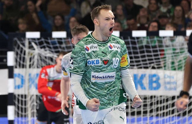 Mathias Gidsel jubelt nach Tor Freude Emotion Jubel Handball HBL Bundesliga Herren 19. Spieltag Saison 2025 2026 27.12.2025 Füchse Berlin vs Frisch Auf Göppingen