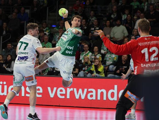 GER HBL Saison 2025 2026 FÜCHSE Berlin vs FrischAuf Göppingen, 27.12.25, Max-Schmeling-Halle, Berlin, David SCHMIDT (FrischAuf! Göppingen 77), Lukas HERBURGER (Füchse Berlin 29), Kristian SAEVERAS (FrischAuf! Göppingen 12)