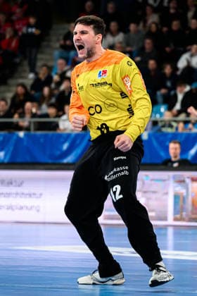 Bietigheim: HBL - 25 26 - SG BBM Bietigheim - HBW Balingen Torhueter Daniel Rebmann (Balingen) Jubel Freude Emotion Bietigheim-Bissingen Egetrans Arena Baden-Württemberg Deutschland