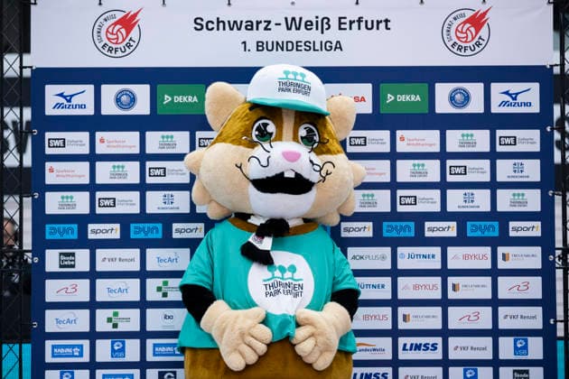 1. Volleyball Bundesliga Frauen: Schwarz-Weiss Erfurt vs. USC Münster; Erfurt; 27.12.2025 Emil (Thüringen-Park Maskottchen) 1. Volleyball Bundesliga Frauen: Schwarz-Weiss Erfurt vs. USC Münster; Riethsporthalle Erfurt; 27.12.2025 Copyright: xBEAUTIFULxSPORTS Duehringx