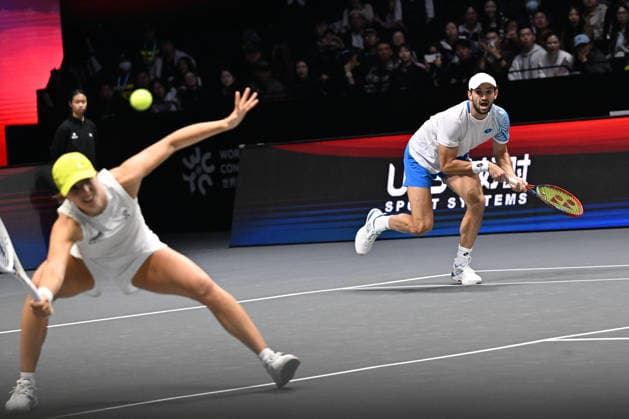 SHENZHEN, CHINA - DECEMBER 28: Iga Swiatek of Poland and Valentin Vacherot of Monaco return a shot in the Mixed Doubles match against Elena Rybakina of Kazakhstan and Andrey Rublev on day 3 of the 2025 World Tennis Continental Cup at Shenzhen Universiade Center on December 28, 2025 in Shenzhen, Guangdong Province of China.  Copyright: xVCGx 111612347921