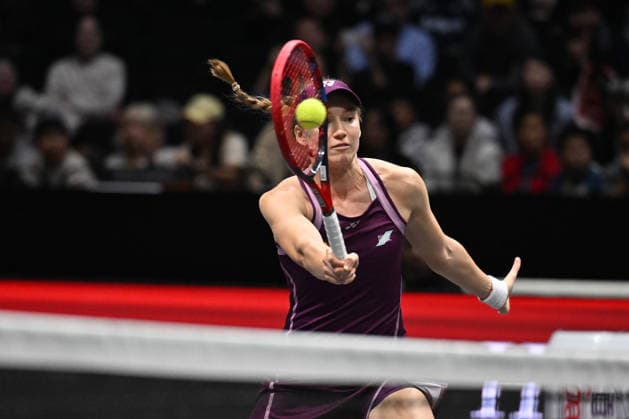 SHENZHEN, CHINA - DECEMBER 28: Elena Rybakina of Kazakhstan and Andrey Rublev (not in the picture) returns a shot in the Mixed Doubles match against Iga Swiatek of Poland and Valentin Vacherot of Monaco on day 3 of the 2025 World Tennis Continental Cup at Shenzhen Universiade Center on December 28, 2025 in Shenzhen, Guangdong Province of China.  Copyright: xVCGx 111612347918