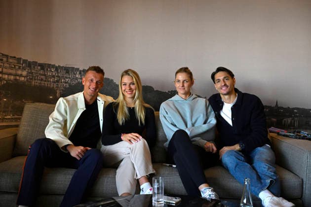 Tennis players Jiri Lehecka (pictured left with his partner Lucie Neumannova) and Karolina Pliskova (pictured with her husband Michal Hrdlicka) at a meeting with journalists before their departure for Australia and the start of the new tennis season, December 28, 2025. (CTKxPhoto KaterinaxSulova) CTKPhotoP2025122802388  CTKPhotoP2025122802388