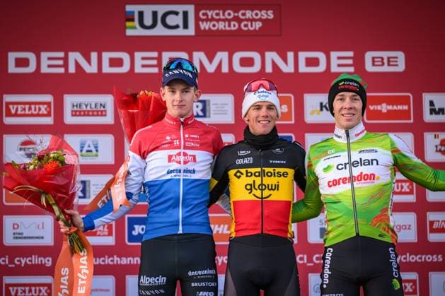 Dutch Tibor Del Grosso, Belgian Thibau Nys and Belgian Laurens Sweeck pictured on the podium after the men s elite race at the World Cup cyclocross cycling event in Dendermonde, Belgium, stage 8 (out of 12) of the UCI World Cup cyclocross competition, Sunday 28 December 2025. DAVIDxPINTENS  x151950830x