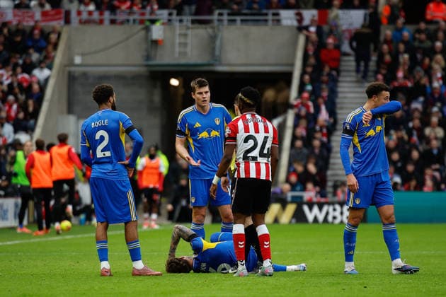 Sunderland v Leeds United, Premier League Joe Rodon of Leeds United is down injured following a challenge by Simon Adingra of Sunderland during the Premier League match between Sunderland and Leeds United at the Stadium Of Light, Sunderland, UK on 28 December 2025. Sunderland Stadium Of Light Tyne and Wear UK Editorial use only DataCo restrictions apply See www.football-dataco.com , Copyright: xCraigxCowanx PSI-23476-0087