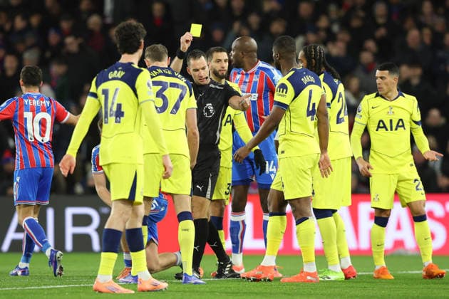 28th December 2025; Selhurst Park, Selhurst, London, England; Premier League Football, Crystal Palace versus Tottenham Hotspur; Referee Jarred Gillett books Kevin Danso of Tottenham Hotspur receives a yellow card  IanxStephen