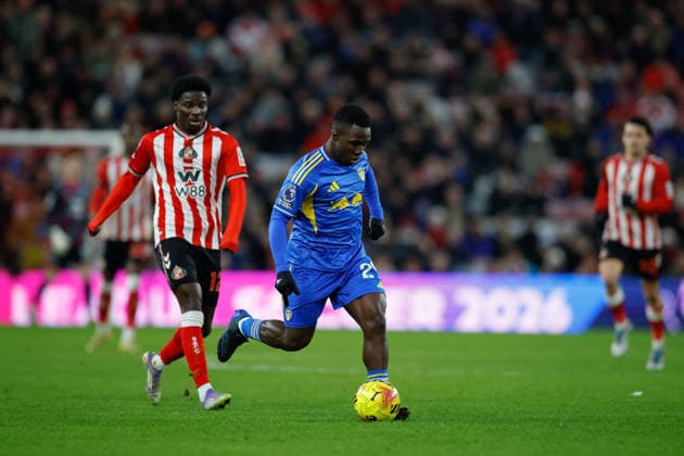 Sunderland v Leeds United, Premier League Wilfried Gnonto of Leeds United runs at goal during the Premier League match between Sunderland and Leeds United at the Stadium Of Light, Sunderland, UK on 28 December 2025. Sunderland Stadium Of Light Tyne and Wear UK Editorial use only DataCo restrictions apply See www.football-dataco.com , Copyright: xCraigxCowanx PSI-23476-0140