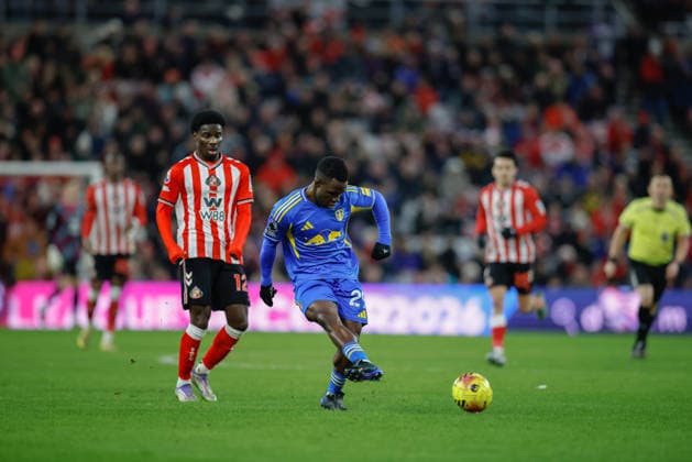Sunderland v Leeds United, Premier League Wilfried Gnonto of Leeds United makes a pass during the Premier League match between Sunderland and Leeds United at the Stadium Of Light, Sunderland, UK on 28 December 2025. Sunderland Stadium Of Light Tyne and Wear UK Editorial use only DataCo restrictions apply See www.football-dataco.com , Copyright: xCraigxCowanx PSI-23476-0141