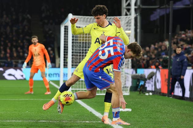 28th December 2025; Selhurst Park, Selhurst, London, England; Premier League Football, Crystal Palace versus Tottenham Hotspur; Justin Devenny of Crystal Palace battles with Archie Gray of Tottenham Hotspur  IanxStephen