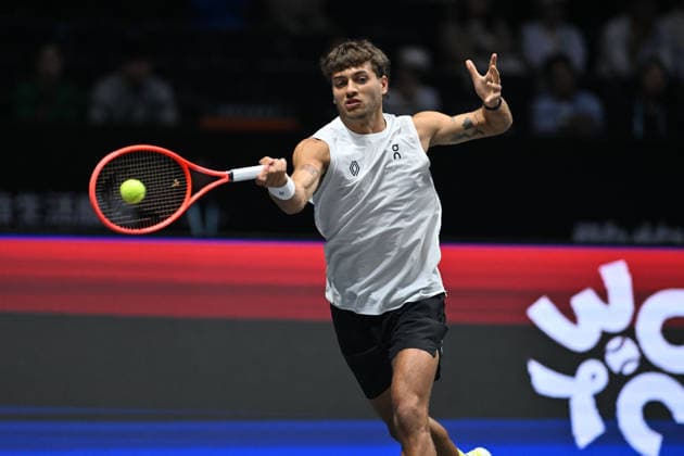SHENZHEN, CHINA - DECEMBER 28: Flavio Cobolli of Italy returns a shot in the Men s Singles match against Andrey Rublev on day 3 of the 2025 World Tennis Continental Cup at Shenzhen Universiade Center on December 28, 2025 in Shenzhen, Guangdong Province of China.  Copyright: xVCGx 111612362573