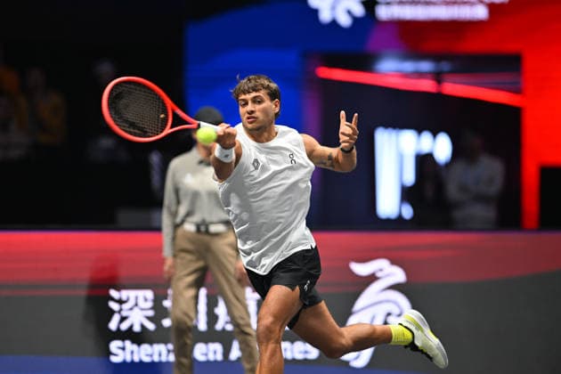 SHENZHEN, CHINA - DECEMBER 28: Flavio Cobolli of Italy returns a shot in the Men s Singles match against Andrey Rublev on day 3 of the 2025 World Tennis Continental Cup at Shenzhen Universiade Center on December 28, 2025 in Shenzhen, Guangdong Province of China.  Copyright: xVCGx 111612362580