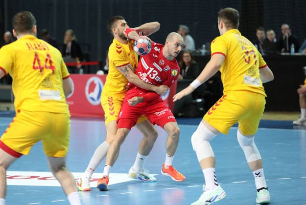 Croatia v North Macedonia: Friendly match Filip Kuzmanovski of North Macedonia and Ivano Pavlovic of Croatia during the friendly handball match between Croatia and North Macedonia at Zatika Hall od December 28, 2025. in Porec, Croatia.  SasaxMiljevic PIXSELL