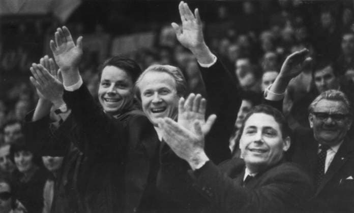 VIENNA, AUSTRIA. March 27, 1967. Soviet fans in the stands at the Canada - USSR match. Victor Shandrin TASS  31982763