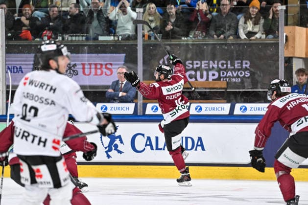 DAVOS, SWITZERLAND - DECEMBER 29: Martins Dzierkals of Sparta Praha celebrate his goal during the Spengler Cup Davos match between HC Sparta Praha v Team Canada at Zondacrypto-Arena on December 29, 2025 in Davos, Switzerland. Davos Graubunden Switzerland Copyright: xJustPictures.ch AndreaxBrancax jp-en-EuSpIm-AB_29122025_AAB_4913